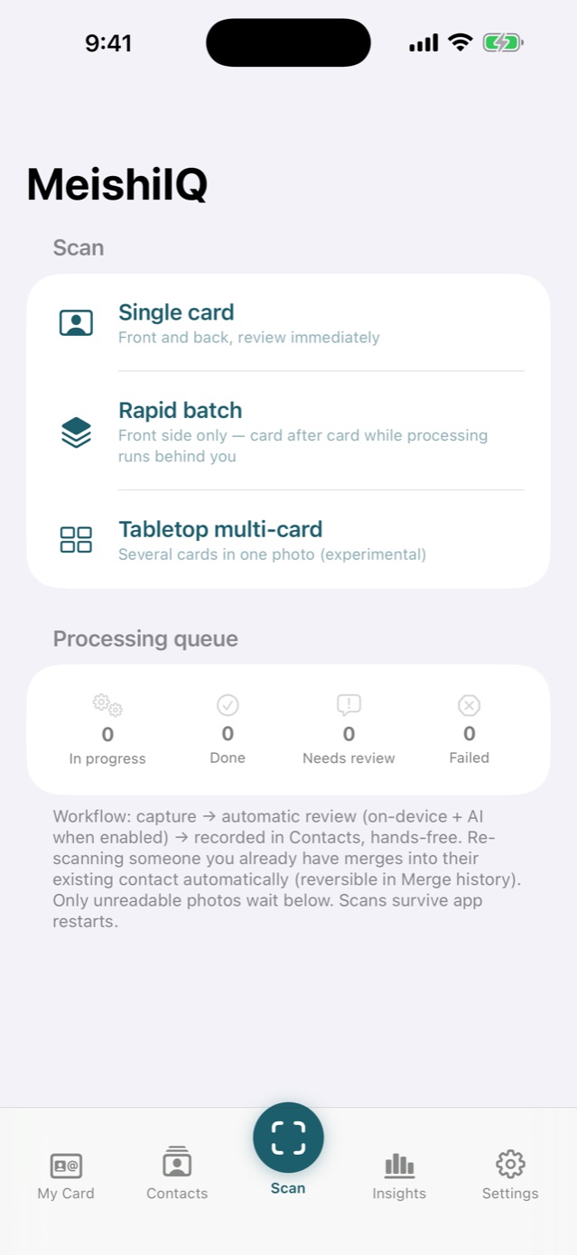 The Scan screen in MeishiIQ on iPhone, offering single card, rapid batch and tabletop multi-card modes above the processing queue.