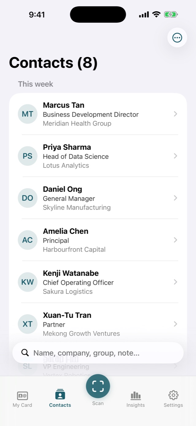 The Contacts list in MeishiIQ on iPhone, with groups, tags and search across eight contacts.