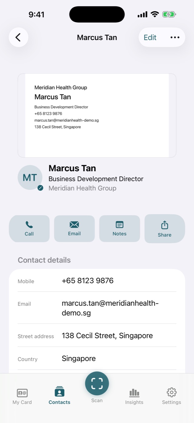 A contact's detail screen in MeishiIQ, showing verified fields with the evidence behind each one.