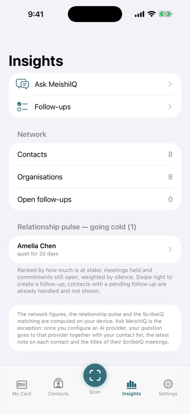 The Insights screen in MeishiIQ, with follow-ups, relationship pulse and network statistics.