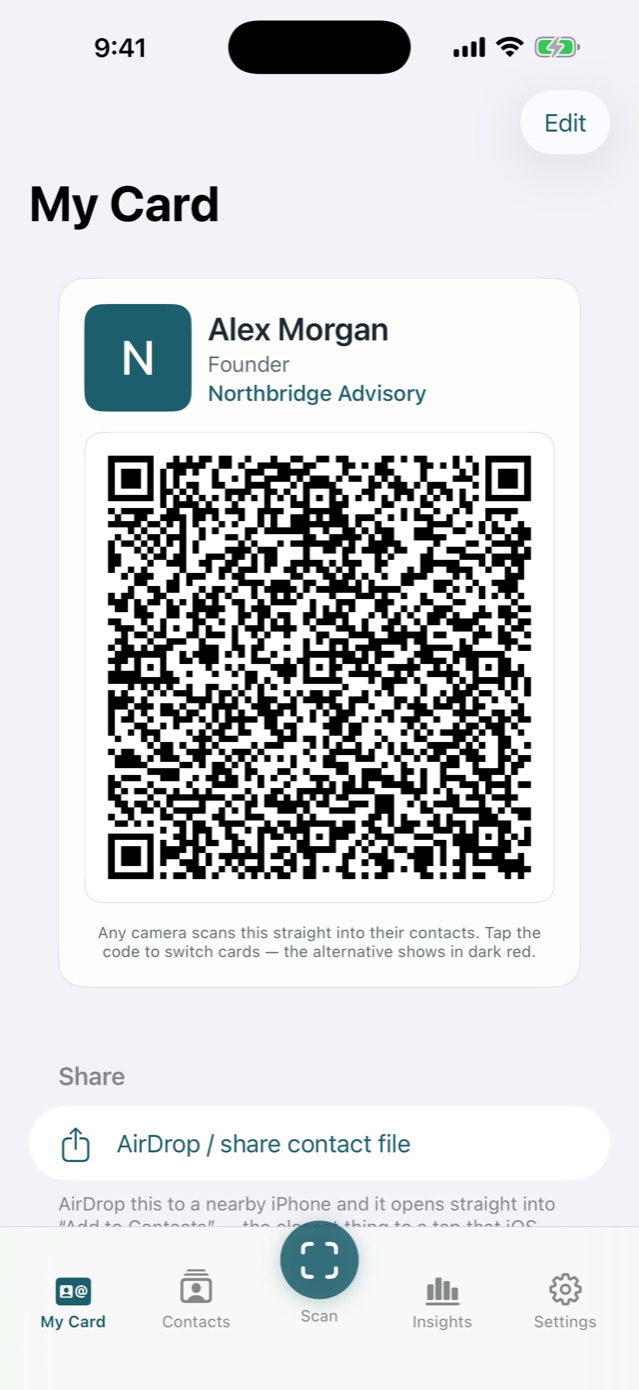 The My Card screen in MeishiIQ, showing a personal card with a QR code ready to share.