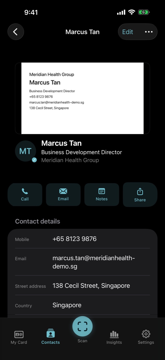 A contact's detail screen in MeishiIQ in dark mode, showing verified fields and evidence.